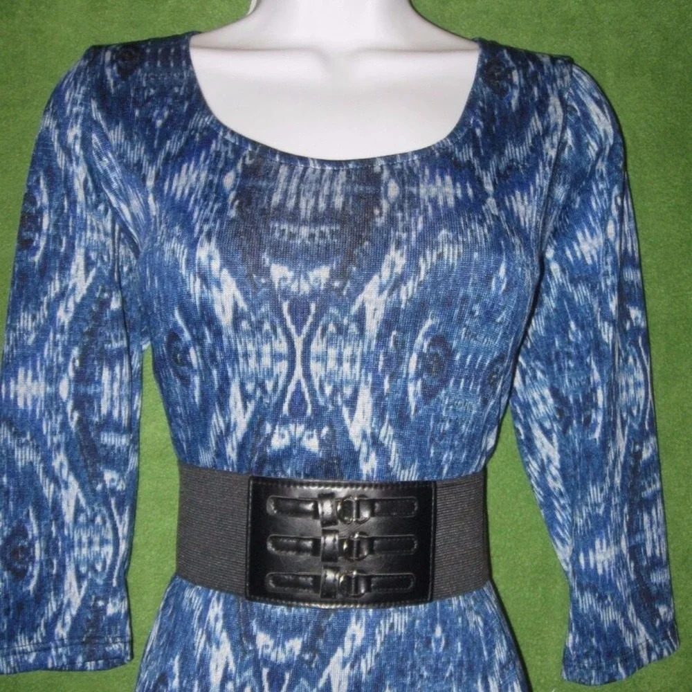 Blue Patterned Scoop Neck Women’s Dress